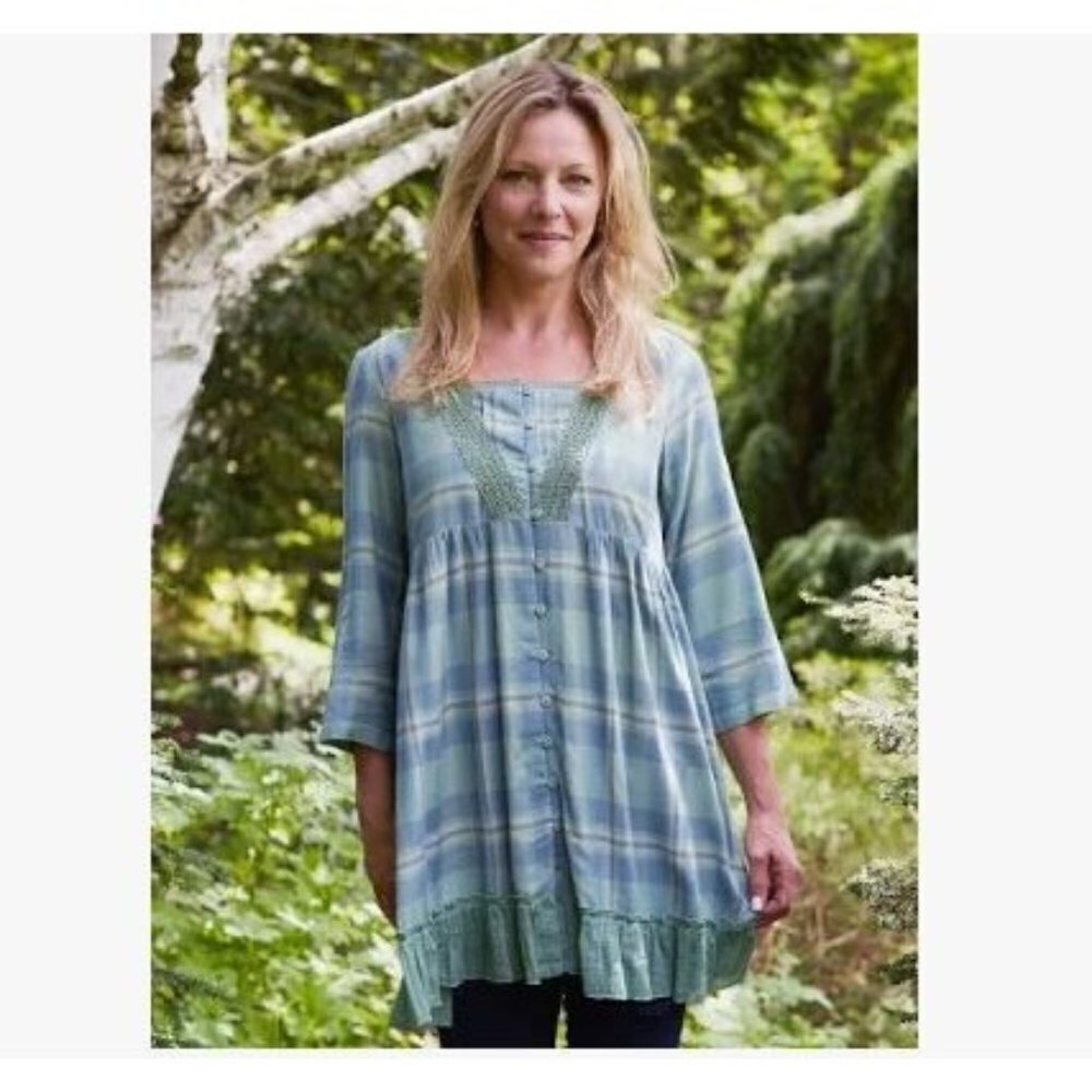 April Cornell River Plaid Tunic Blouse Shirt Top Gauzy 3/4 Sleeve Women XS
